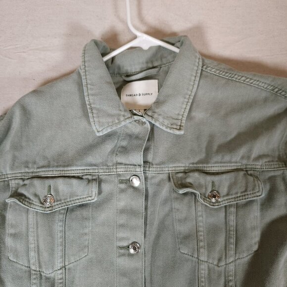 Thread & Supply Frayed Denim Jacket Womens Large Light Green Raw Hems FLAW - Picture 7 of 12